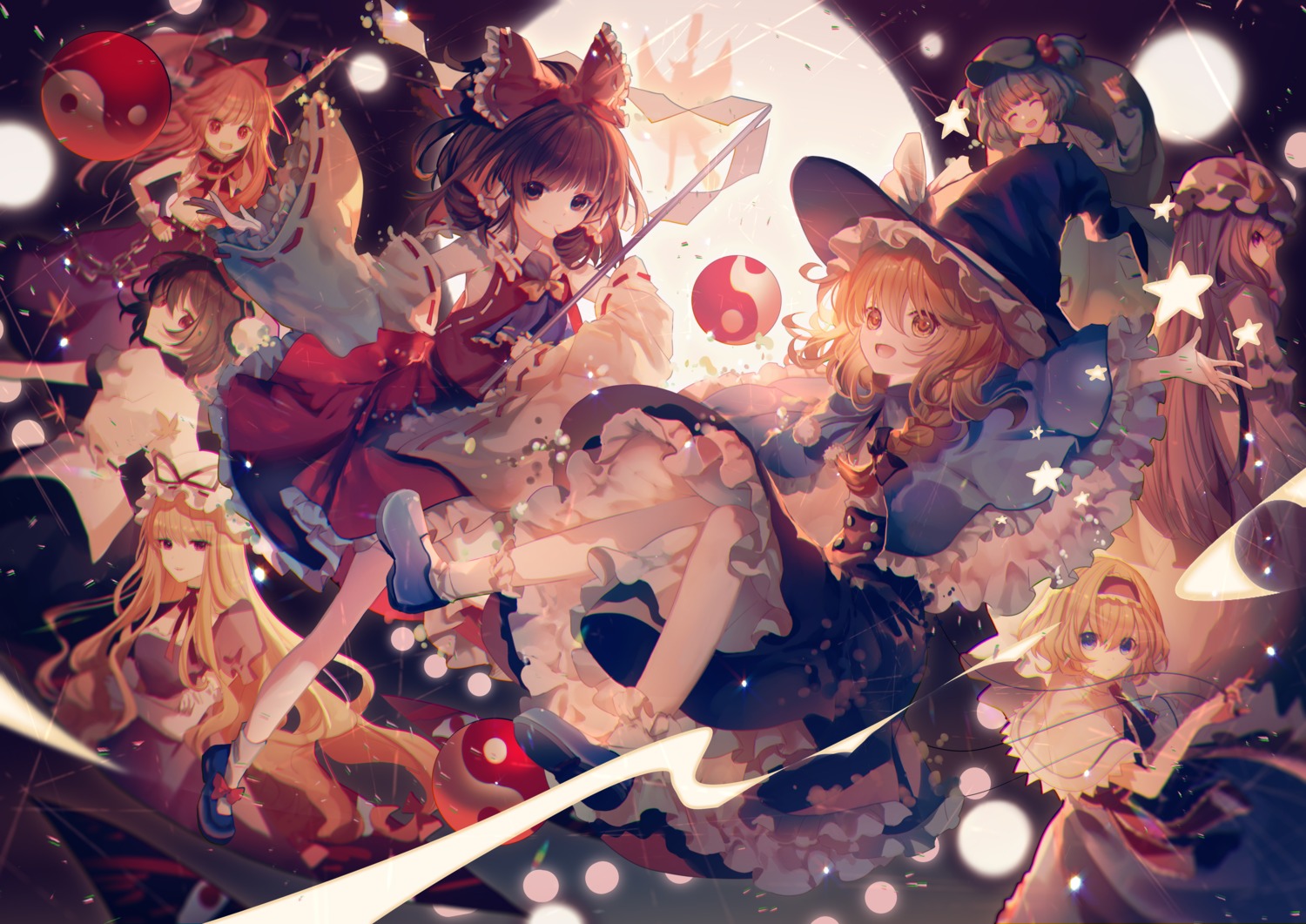 alice_margatroid, dress, hakurei_reimu, horns, ibuki_suika, kawashiro_nitori, kirisame_marisa, miko