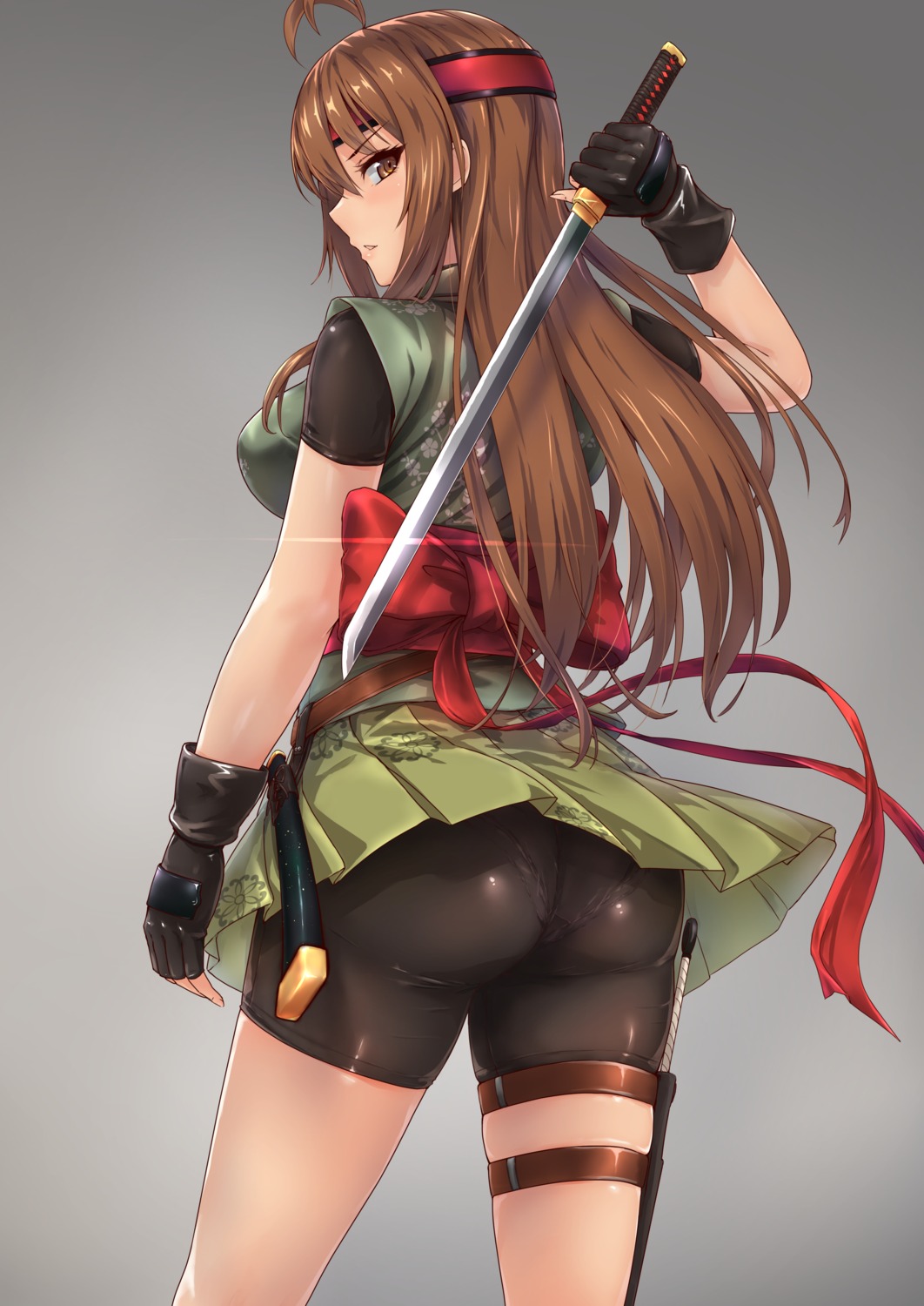 ass, bike_shorts, garter, japanese_clothes, ninja, pantsu, skirt_lift, sword
