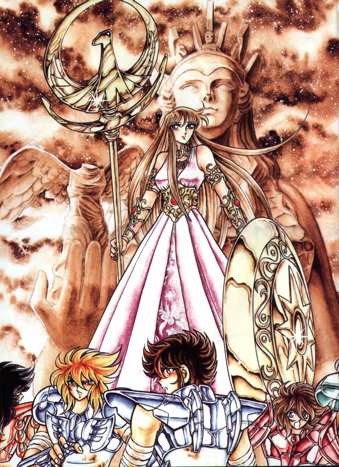 andromeda_shun, armor, cygnus_hyouga, dress, kido_saori, kurumada_masami, pegasus_seiya, phoenix_ikki, saint_seiya, weapon