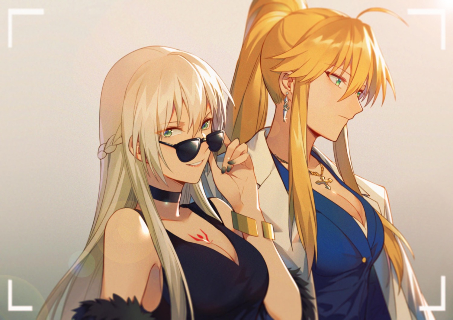 artoria_pendragon_(fate), business_suit, cleavage, fate/grand_order, megane, morgan_le_fay_(fate), tattoo, yorukun