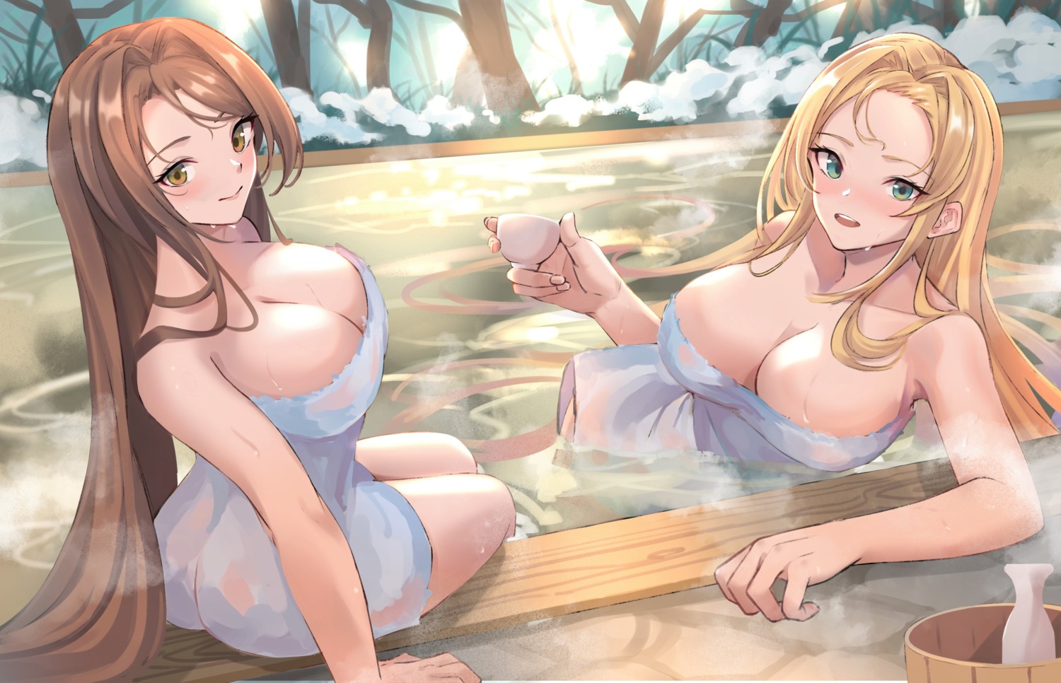 ass, beatrix_(granblue_fantasy), granblue_fantasy, onsen, renzu_(lens_02), towel, wet, zeta_(granblue_fantasy)