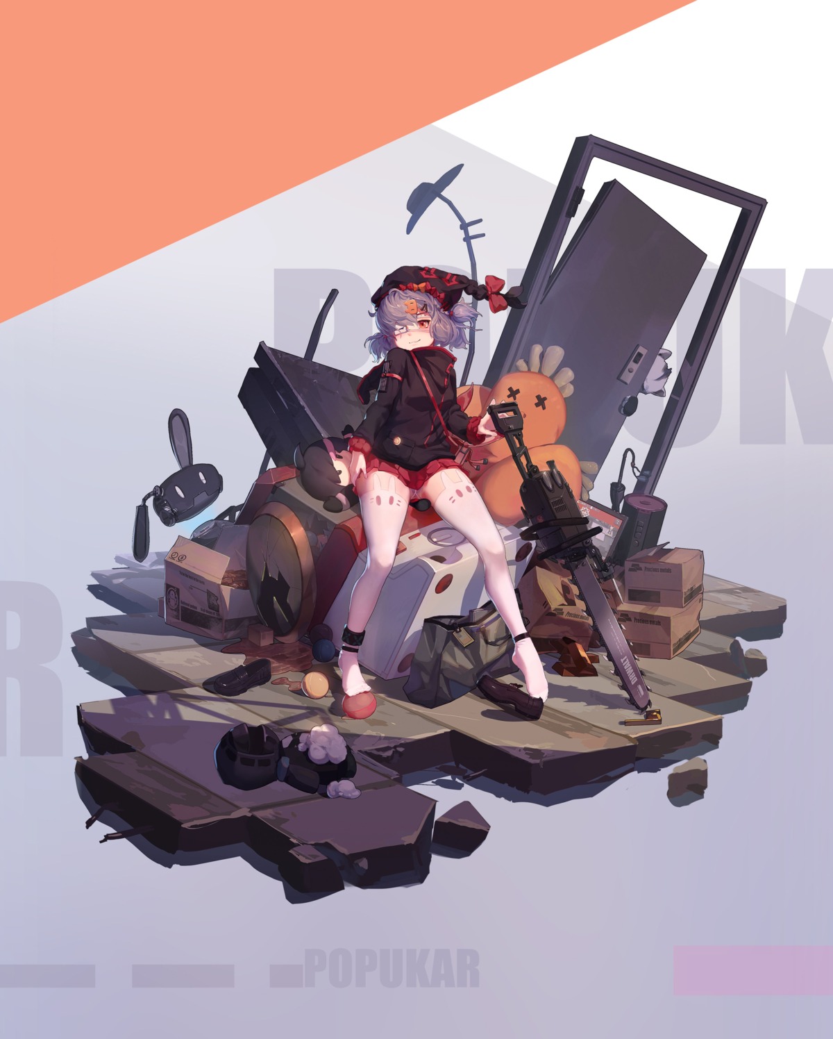 arknights, chainsaw, eyepatch, icecake, popukar_(arknights), thighhighs