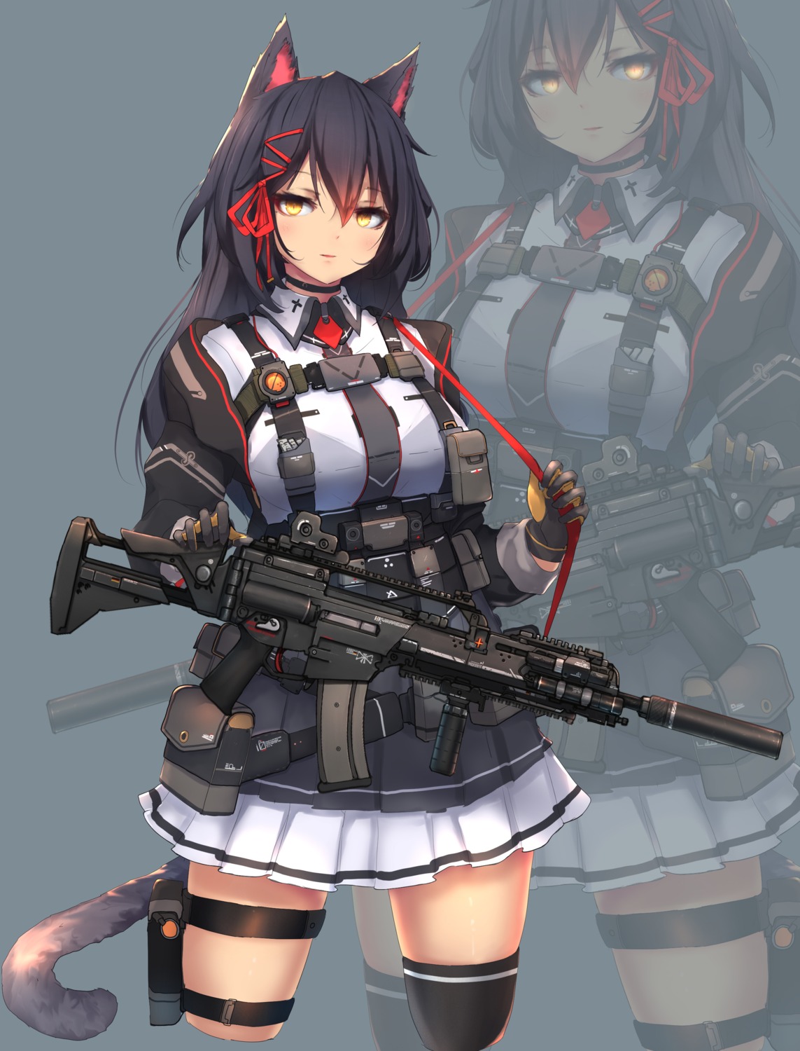 animal_ears, garter, gun, nekomimi, syaha, tail, thighhighs, uniform