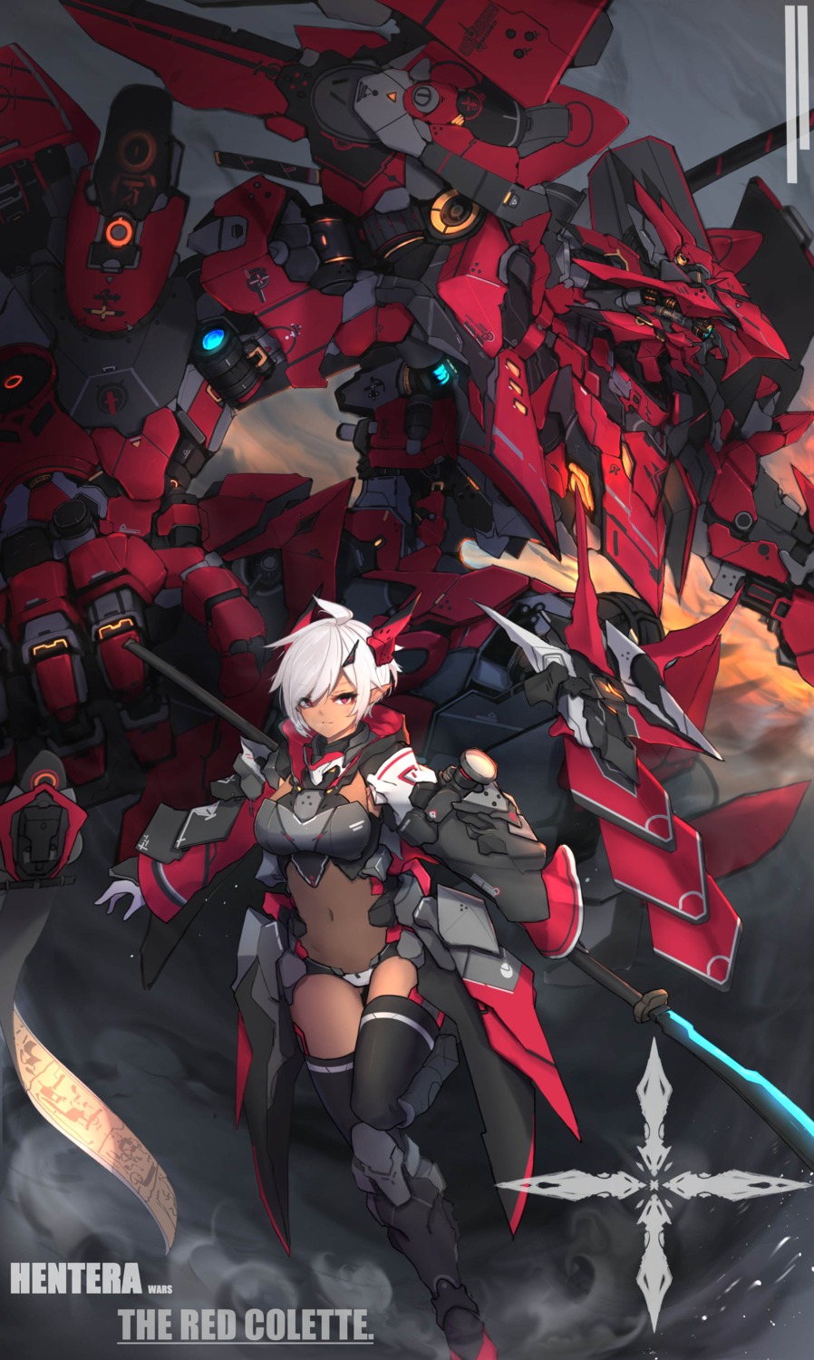 bikini_armor, mecha, pointy_ears, syaha, thighhighs, weapon