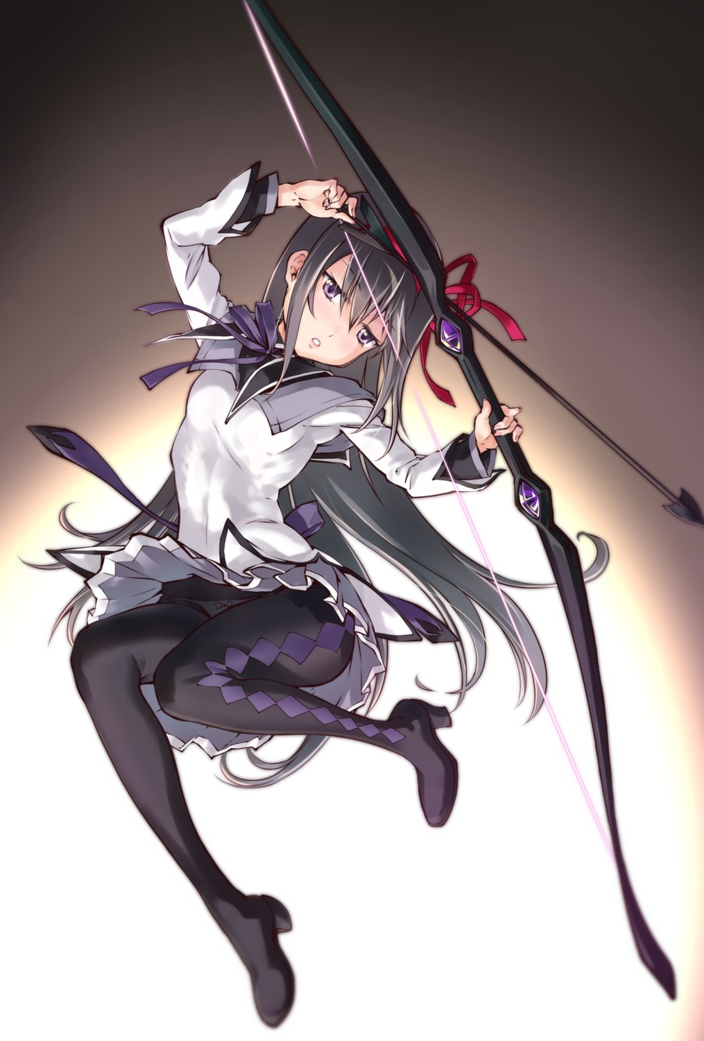 akemi_homura, heels, mahou_shoujo_madoka_magica, pantsu, pantyhose, skirt_lift, suzuki24, weapon