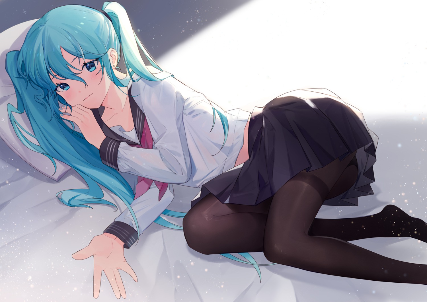 hatsune_miku, pantyhose, seifuku, skirt_lift, vocaloid, yayako_(804907150)