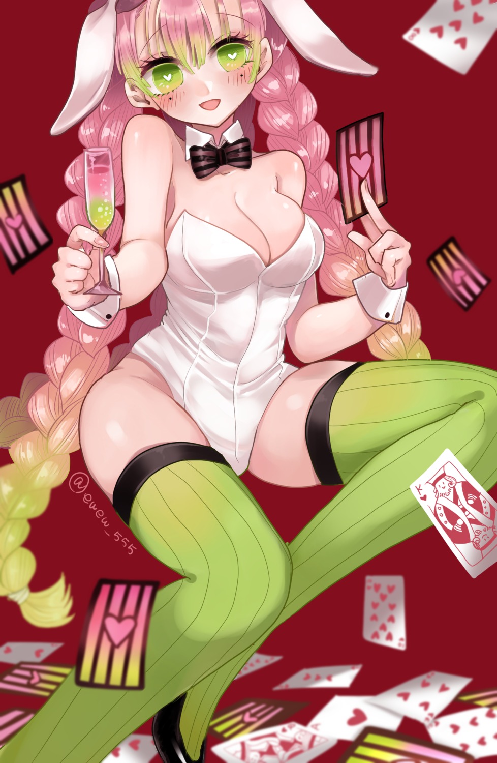 animal_ears, bunny_ears, bunny_girl, cleavage, kanroji_mitsuri, kimetsu_no_yaiba, monmoke123, thighhighs