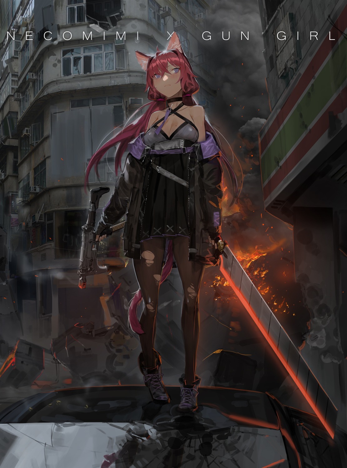animal_ears, cleavage, gun, kare_huang, nekomimi, pantyhose, sword, tail