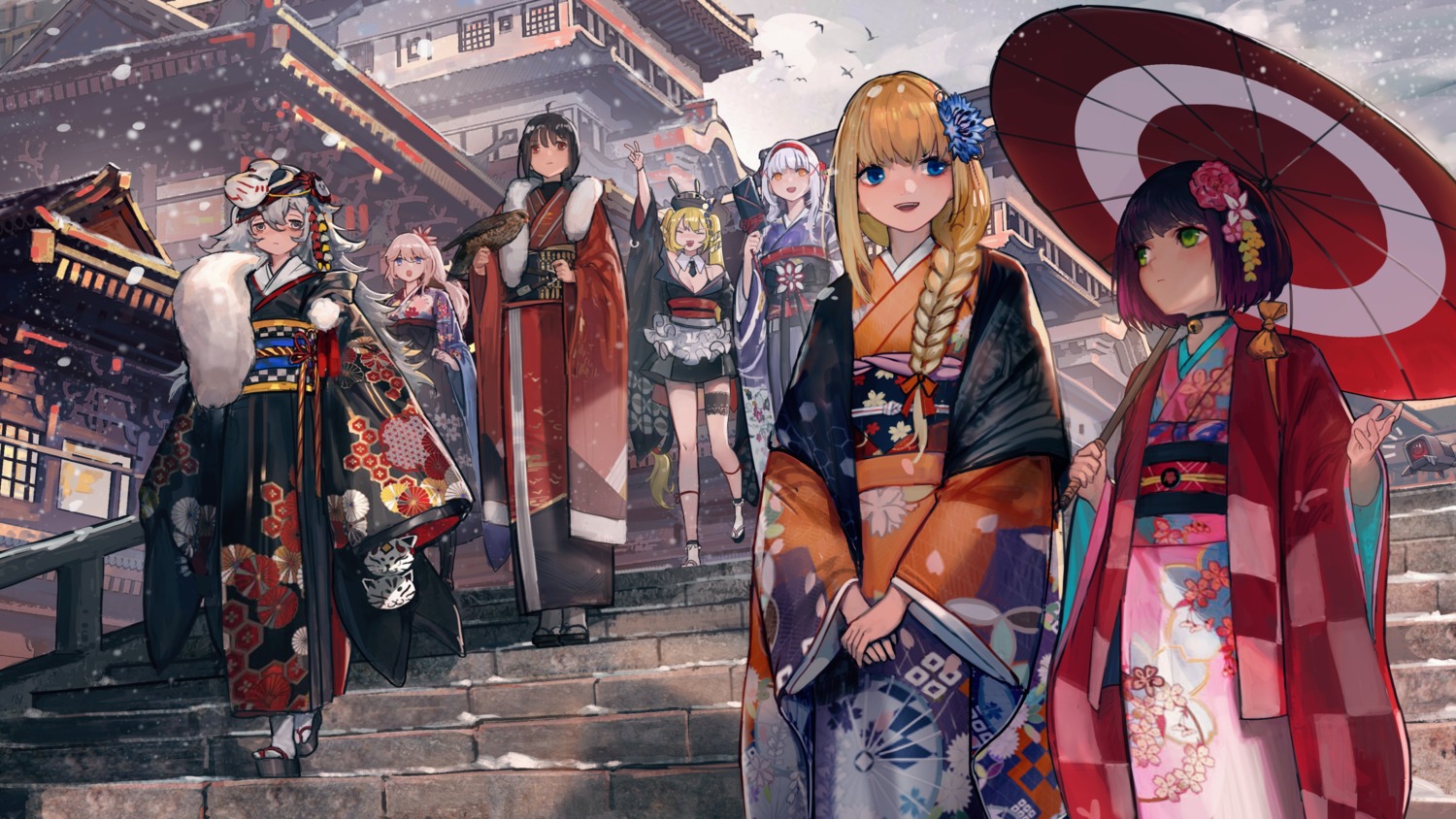 bra, cleavage, garter, girls_frontline, japanese_clothes, jun_(5455454541), kimono, open_shirt, umbrella, wallpaper