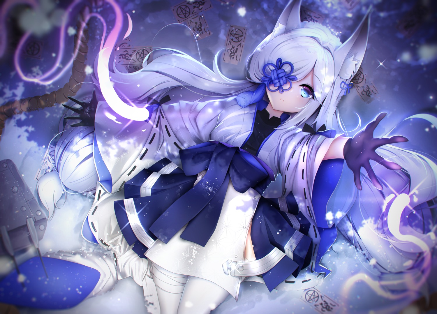 animal_ears, azur_lane, bandages, eyepatch, japanese_clothes, kasumi_(azur_lane), pantyhose, tail