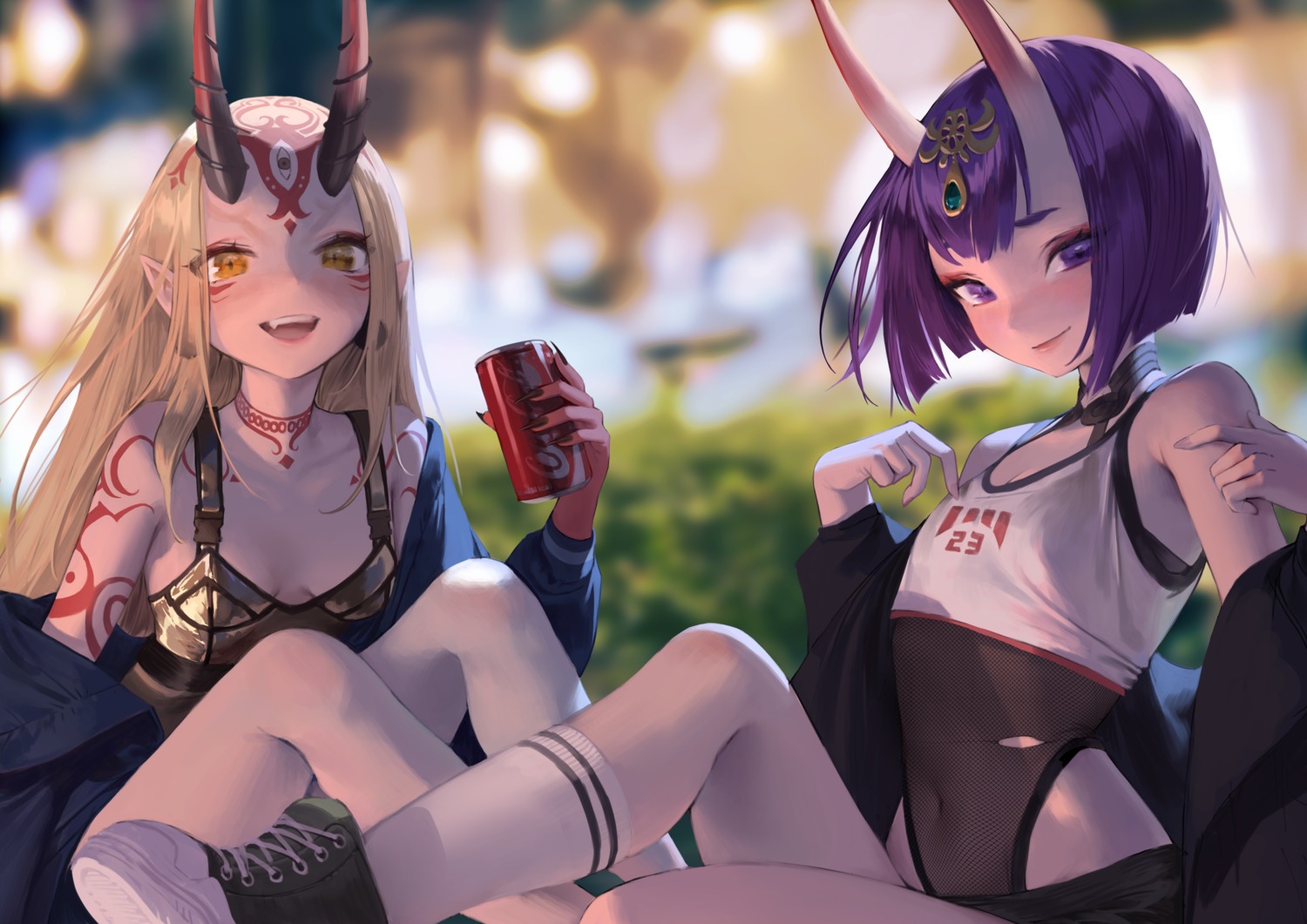 armor, charles_(106858), cleavage, fate/grand_order, fishnets, horns, ibaraki_douji_(fate), leotard