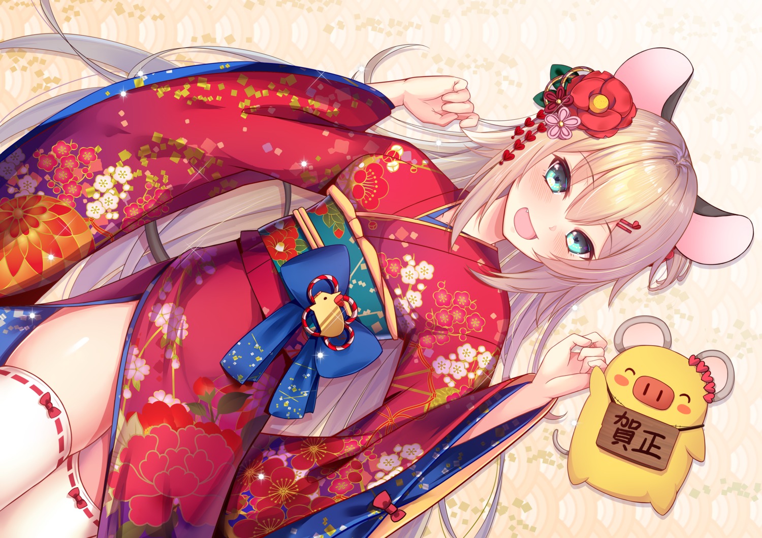 akai_haato, animal_ears, hololive, japanese_clothes, tail, thighhighs, yoshiheihe