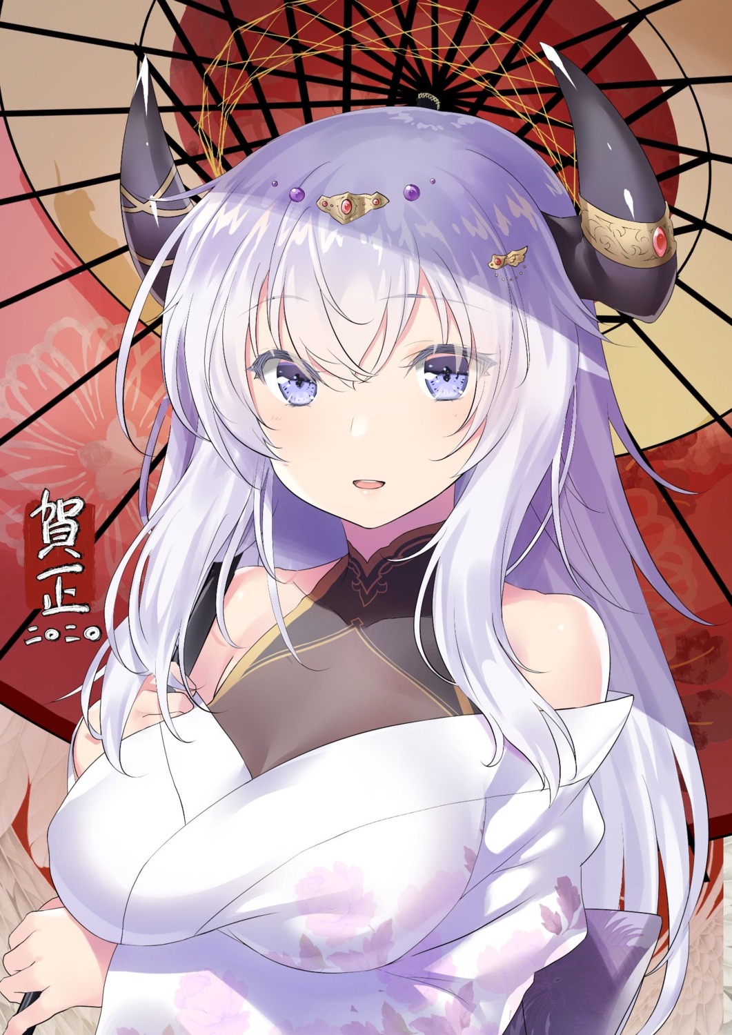 47agdragon, breast_hold, horns, japanese_clothes, see_through, umbrella