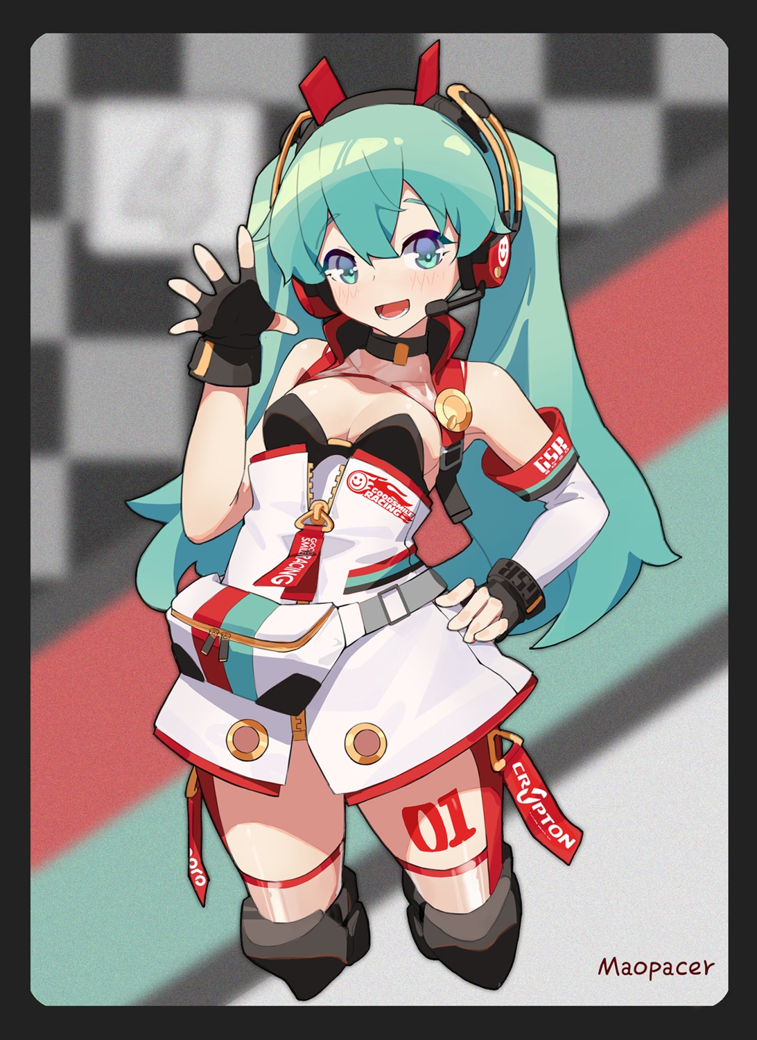 cleavage, garter, goodsmile_racing, hatsune_miku, headphones, racing_miku, sunligh_mao, tattoo
