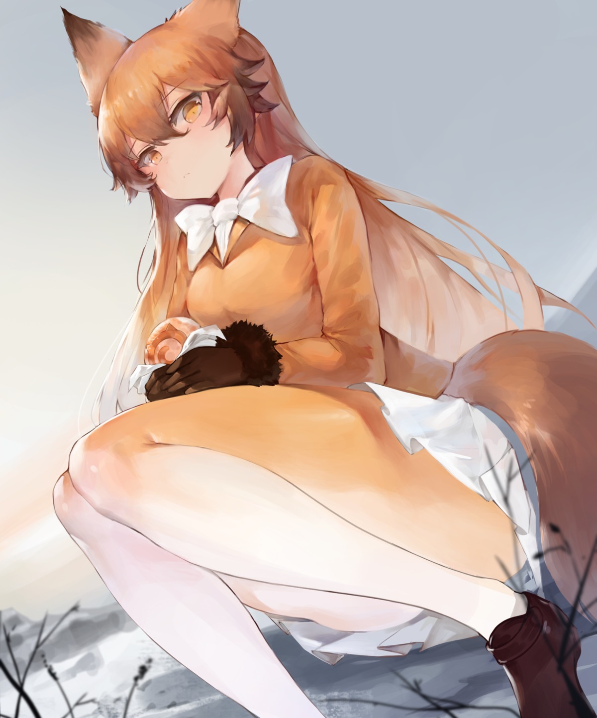 animal_ears, dokomon, ezo_red_fox, kemono_friends, kitsune, pantyhose, skirt_lift, sweater