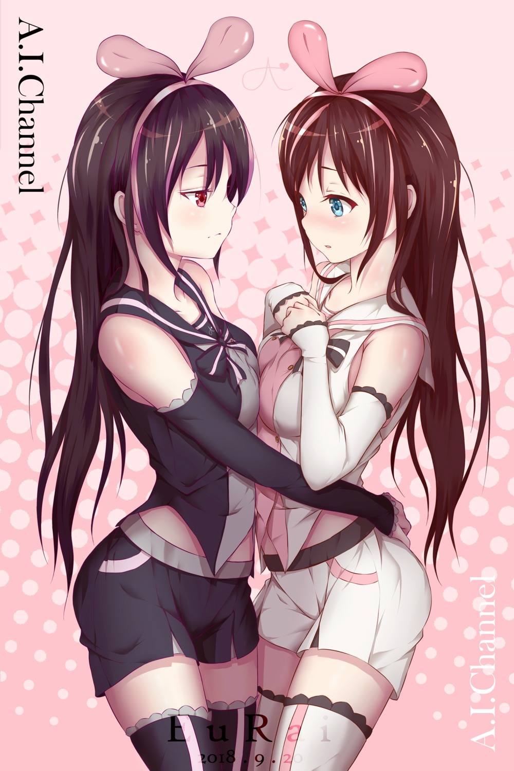 breast_hold, eurai, kizuna_ai, kizuna_ai_inc., symmetrical_docking, thighhighs, yuri