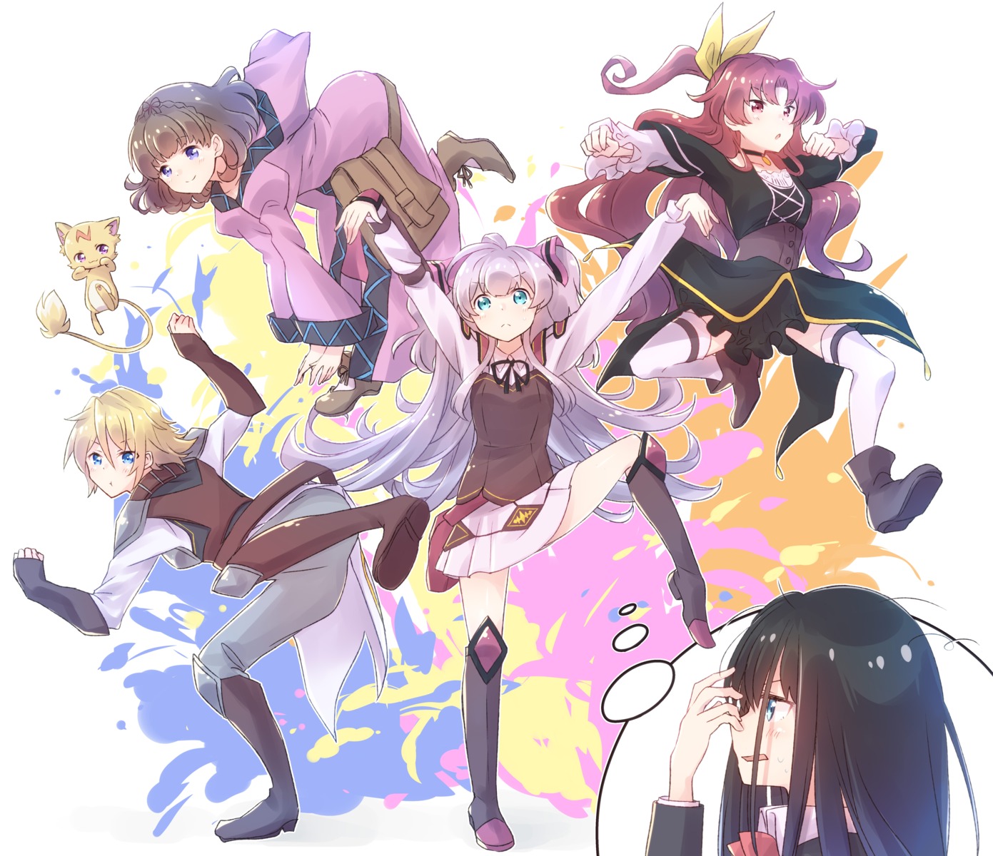armor, dress, mavis_von_austien, mile_(noukin), nyaa_(nnekoron), pauline_(noukin), reina_(noukin), robe, seifuku, skirt_lift, thighhighs, watashi_nouryoku_wa_heikinchi_de_tte_itta_yo_ne!