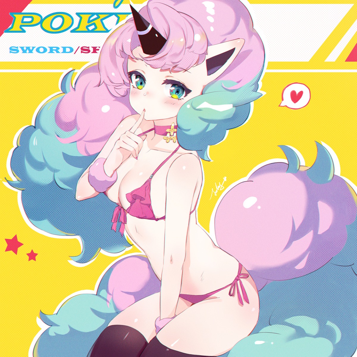 bikini, breast_hold, galarian_ponyta, horns, jiujiuyatou_(yayanzz), pointy_ears, pokemon, pokemon_swsh, swimsuits, tail, thighhighs