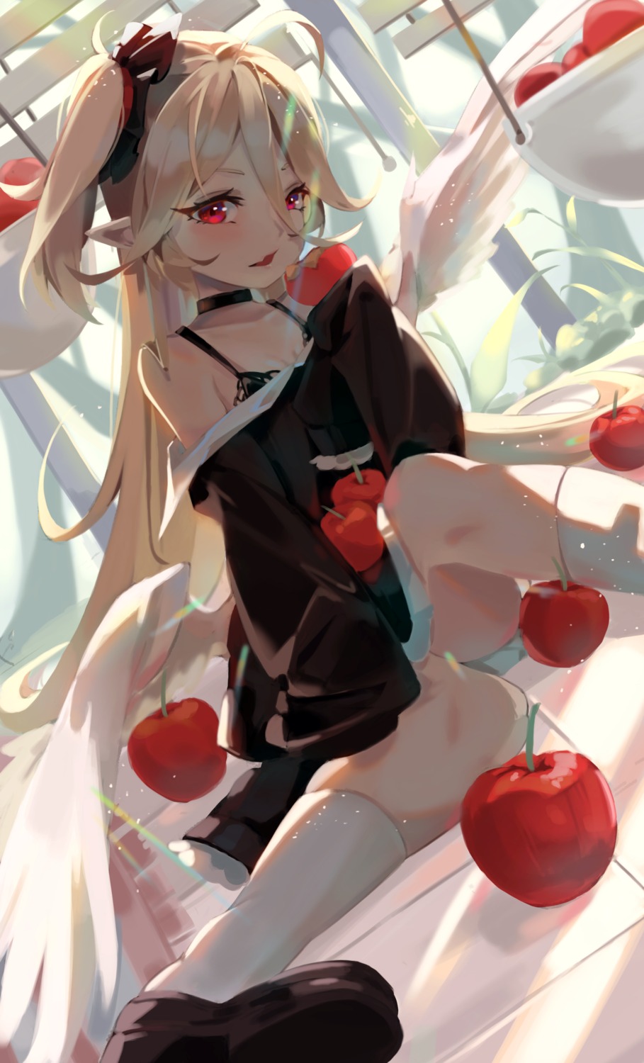 bra, cleavage, mozhi, open_shirt, pointy_ears, skirt_lift, wings