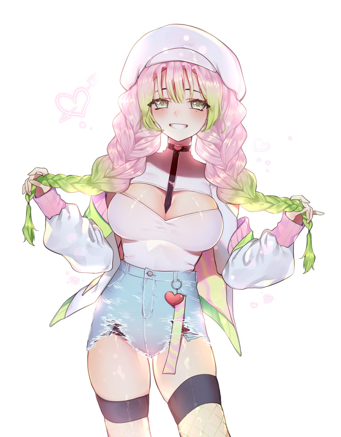 cleavage, fishnets, kanroji_mitsuri, kimetsu_no_yaiba, pantsu, rimsuk, thighhighs, torn_clothes