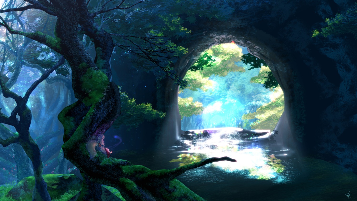 animal_ears, domco., japanese_clothes, landscape, tail