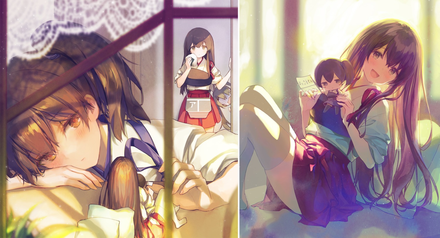 888myrrh888, akagi_(kancolle), armor, chibi, kaga_(kancolle), kantai_collection, skirt_lift, thighhighs