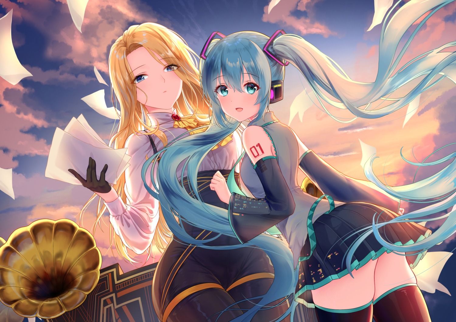 #compass, crossover, haneru, hatsune_miku, headphones, pantyhose, tattoo, thighhighs, vocaloid