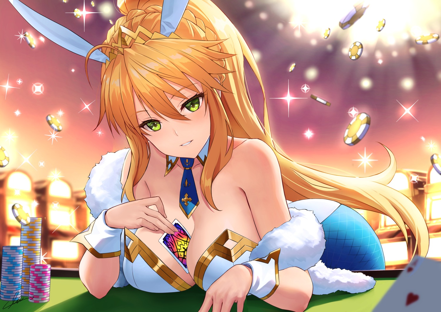 animal_ears, artoria_pendragon_(fate), bunny_ears, bunny_girl, cleavage, fate/grand_order, fishnets, sion_(9117)