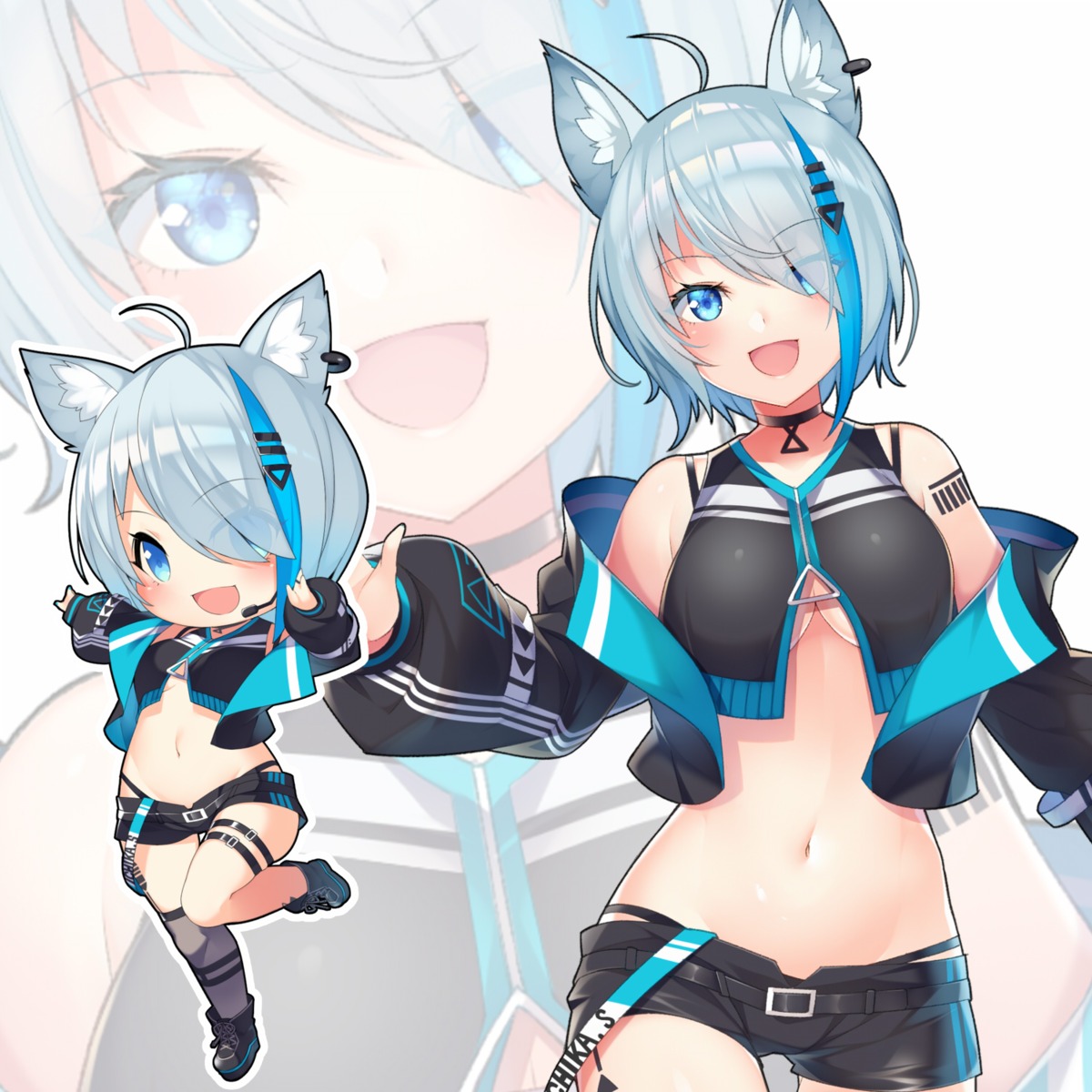 animal_ears, animare, cleavage, garter, kokka_han, nanashi_inc., no_bra, open_shirt
