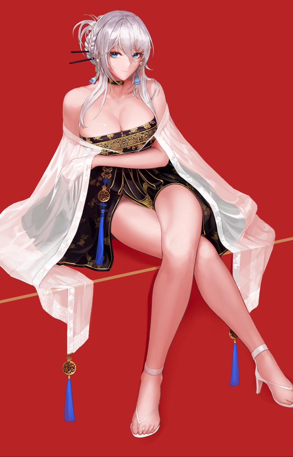 asian_clothes, breast_hold, cleavage, dungeon_fighter, heels, monaim, no_bra, see_through