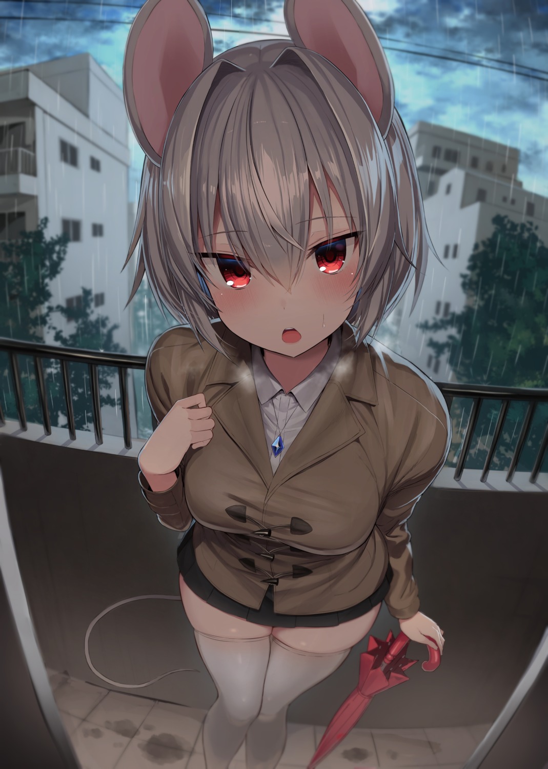 animal_ears, greatmosu, nazrin, tail, thighhighs, touhou, umbrella