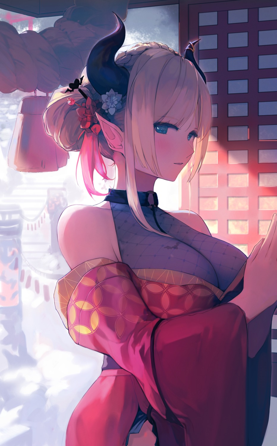 breast_hold, fishnets, hololive, horns, japanese_clothes, liliespastry, pointy_ears, yuzuki_choco