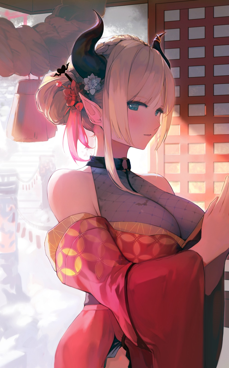 breast_hold, fishnets, hololive, horns, japanese_clothes, liliespastry, pointy_ears, yuzuki_choco