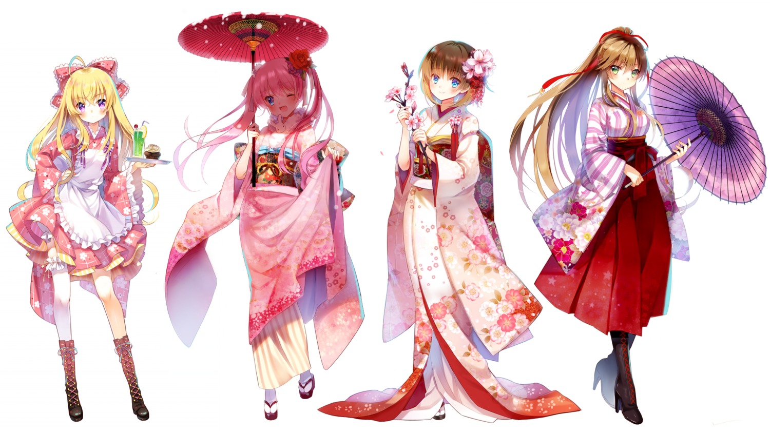 heels, japanese_clothes, jiji_(381134808), kamuy_apocolypss, kimono, maid, skirt_lift, thighhighs