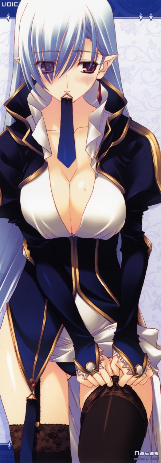 cleavage, kimi_ga_yobu_megiddo_no_oka_de, leaf, nakamura_takeshi, natas, stick_poster, stockings, thighhighs
