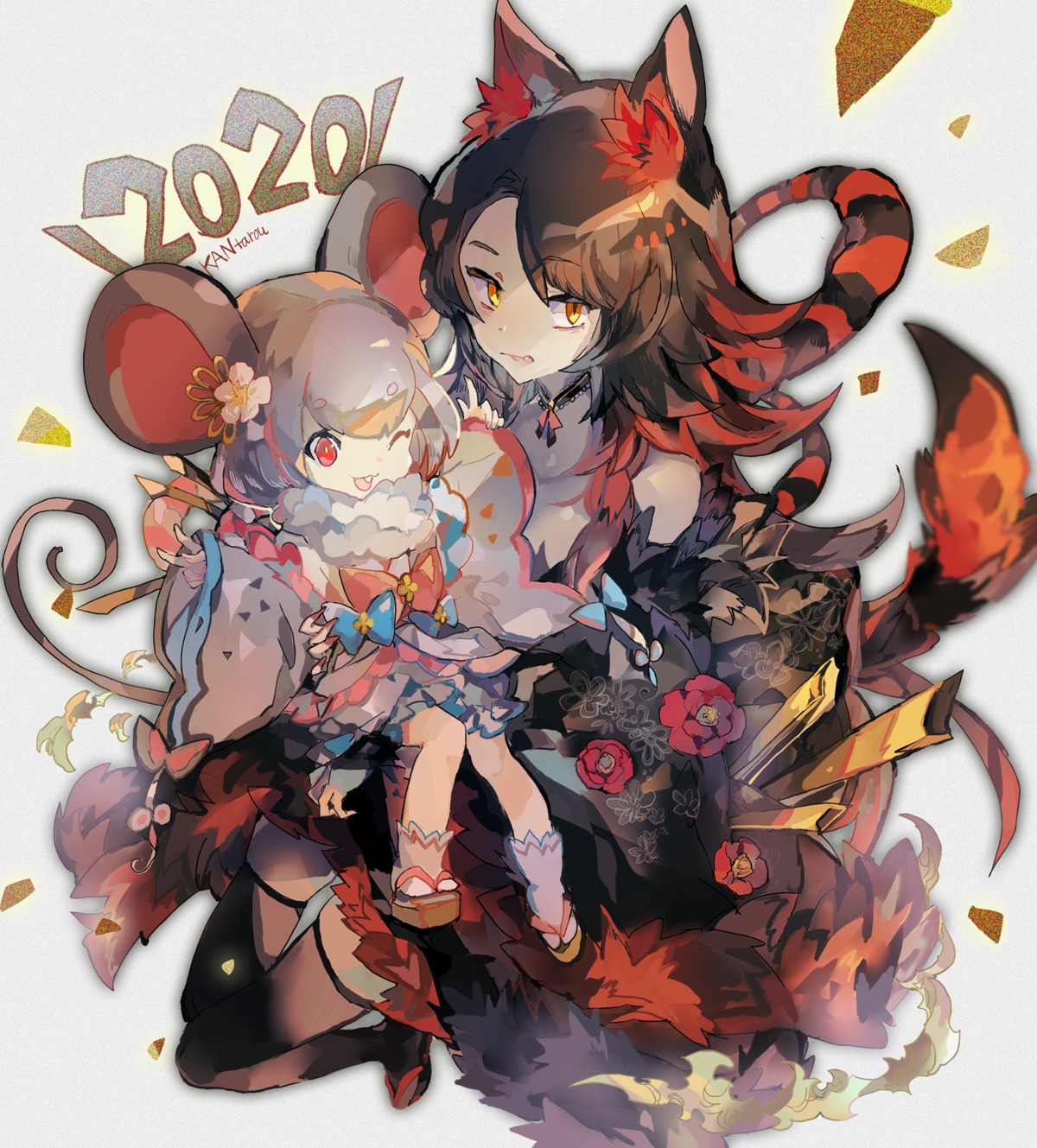 animal_ears, japanese_clothes, kantarou_(8kan), tail, thighhighs