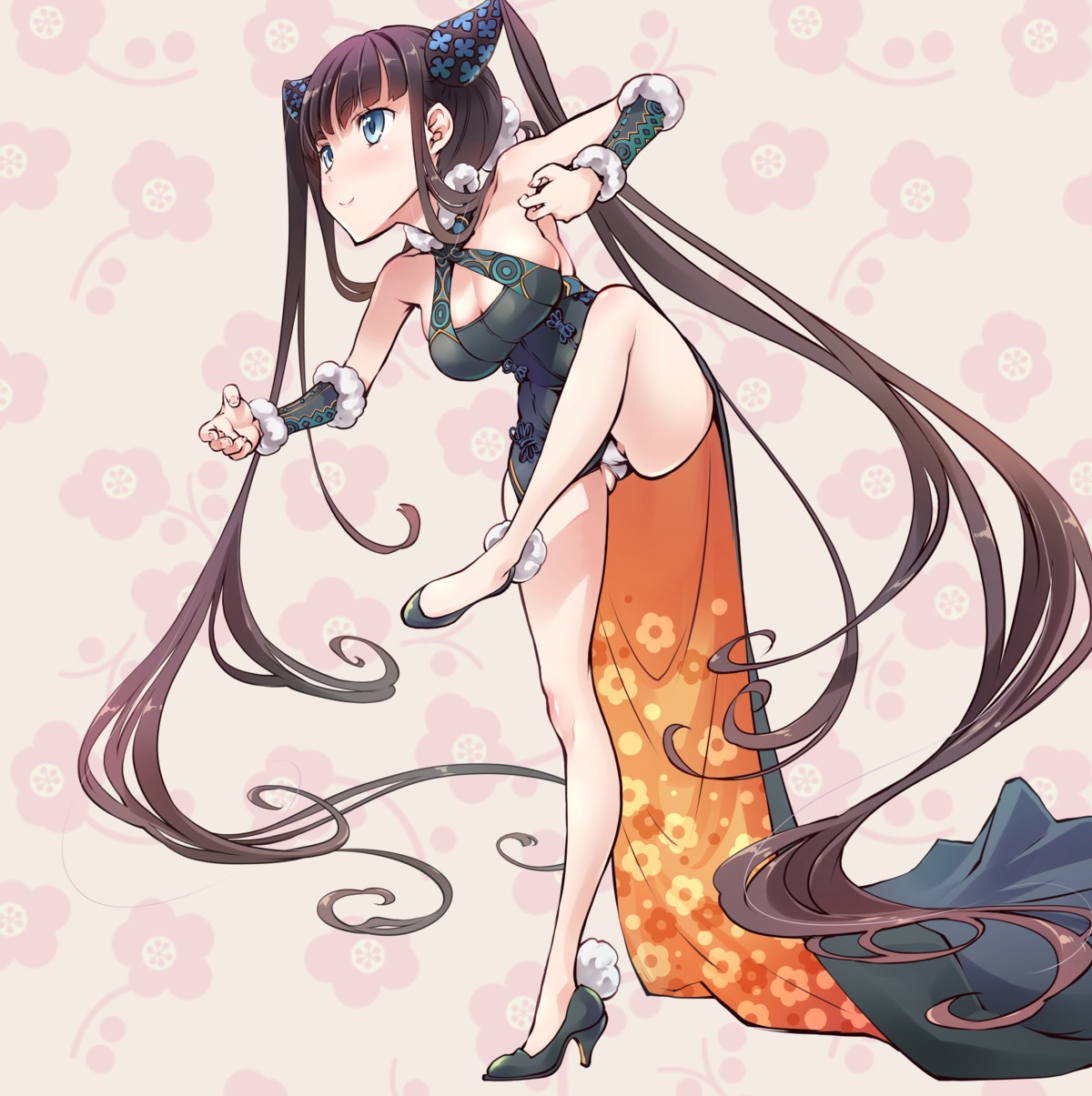 asian_clothes, cleavage, fate/grand_order, heels, horns, pantsu, skirt_lift, uzuki_(artist), yang_yuhuan_(fate)