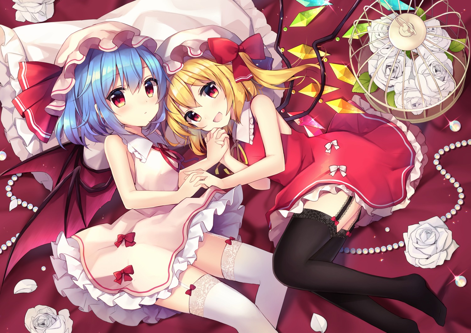 dress, flandre_scarlet, remilia_scarlet, ruhika, skirt_lift, stockings, thighhighs, touhou