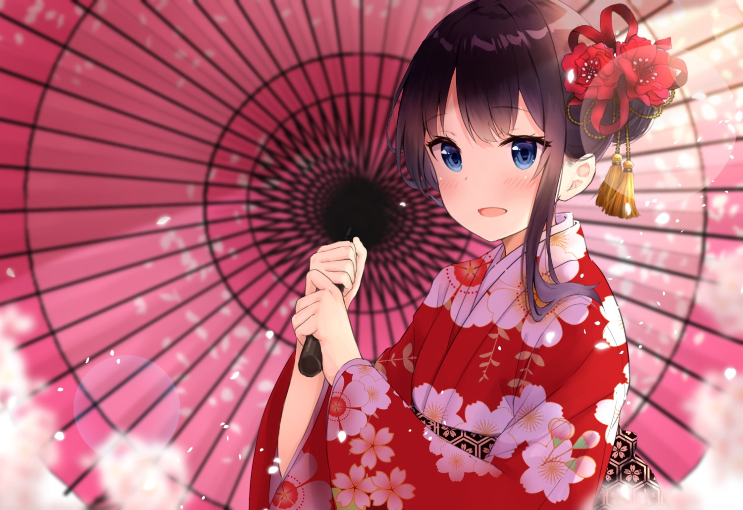 haru_(re_ilust), kimono, umbrella