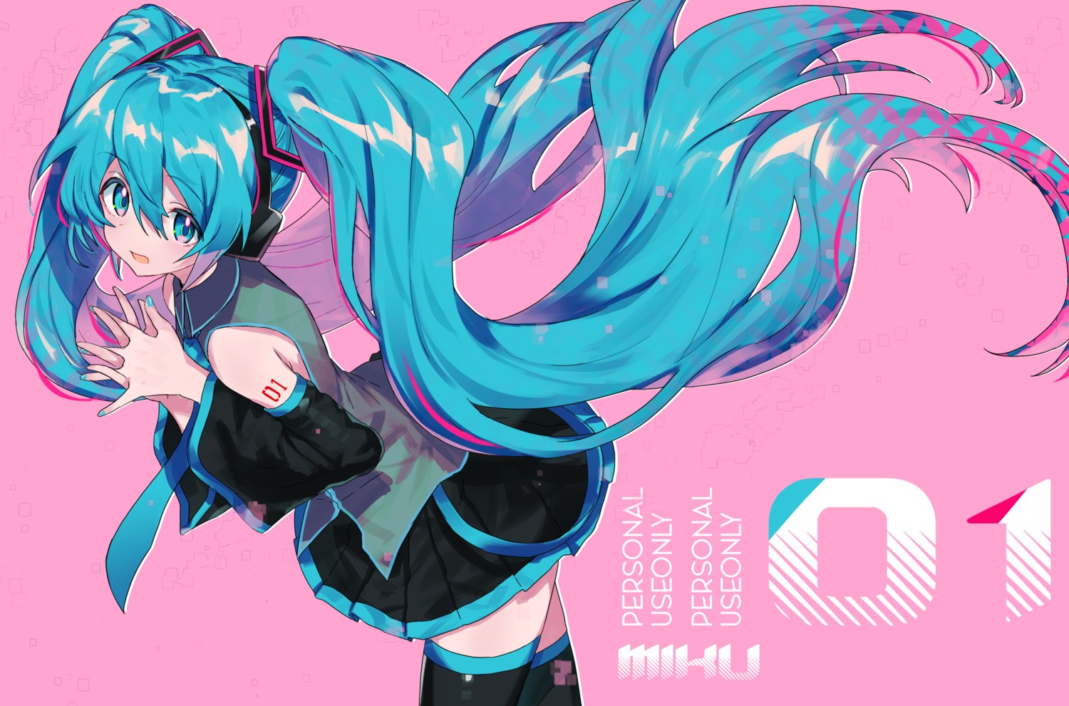 hatsune_miku, hayama_eishi, headphones, tattoo, thighhighs, vocaloid