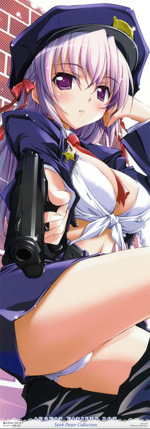 bra, cleavage, estel_freesia, gun, kurashima_tomoyasu, pantsu, police_uniform, stick_poster, yoake_mae_yori_ruriiro_na