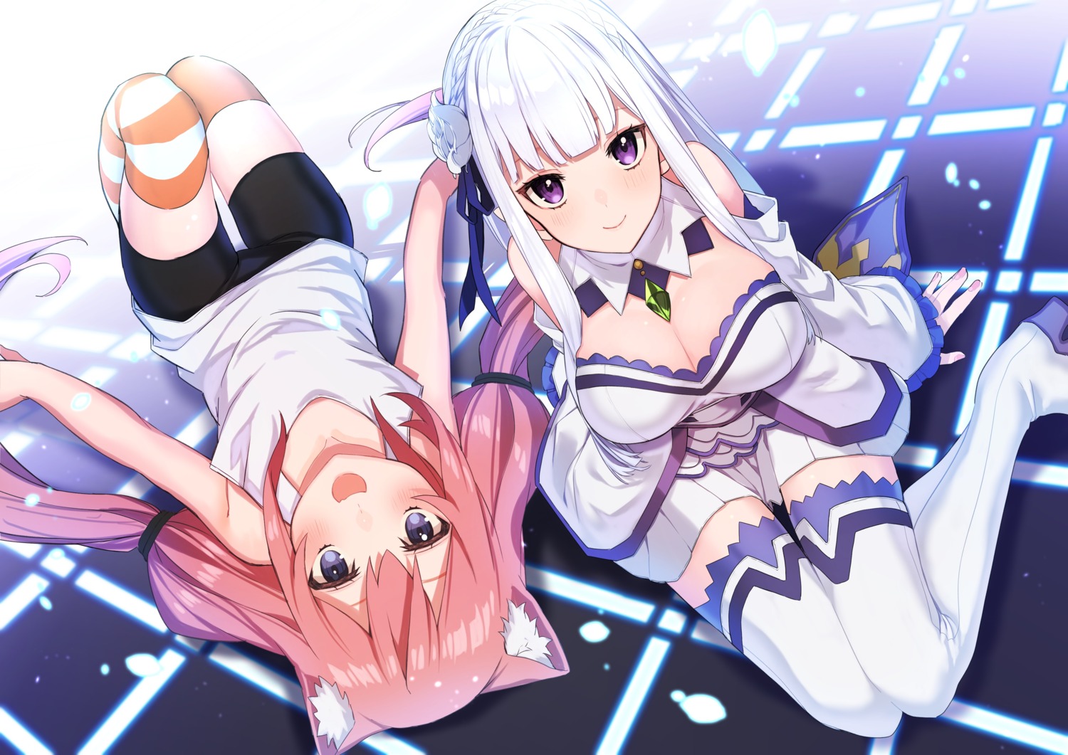 animal_ears, bike_shorts, cleavage, crossover, emilia_(re_zero), heels, hinata_channel, nekomimi