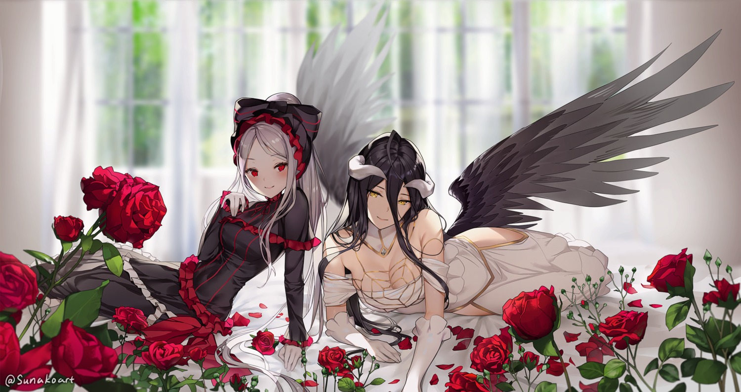 albedo_(overlord), cleavage, gothic_lolita, lolita_fashion, overlord, shalltear_bloodfallen, sunako_(veera), wings
