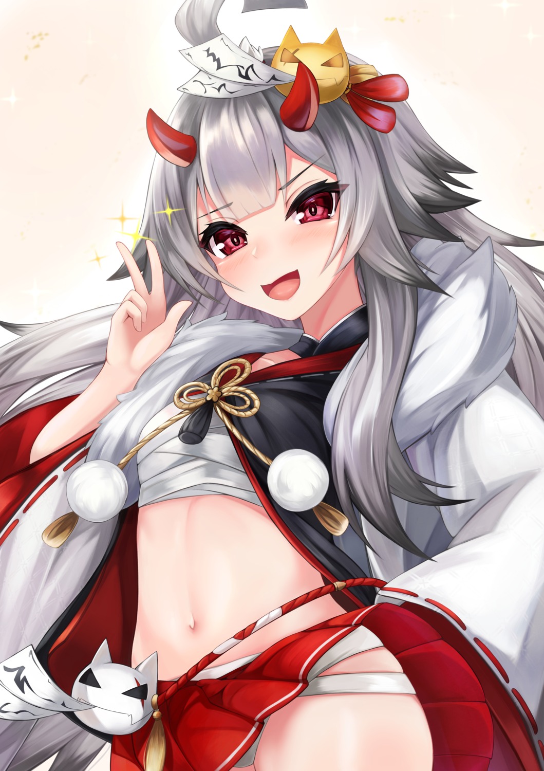 azur_lane, hibiki_(azur_lane), horns, japanese_clothes, open_shirt, pantsu, ryara_vivi, sarashi