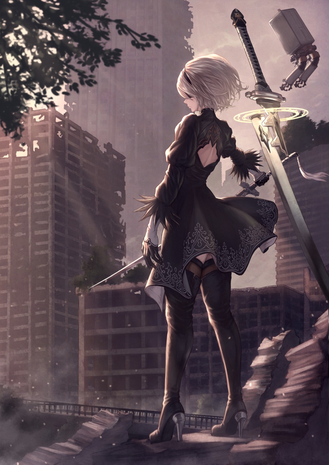 dress, heels, nier, nier_automata, skirt_lift, sword, thighhighs, yasu_(segawahiroyasu), yorha_no.2_type_b