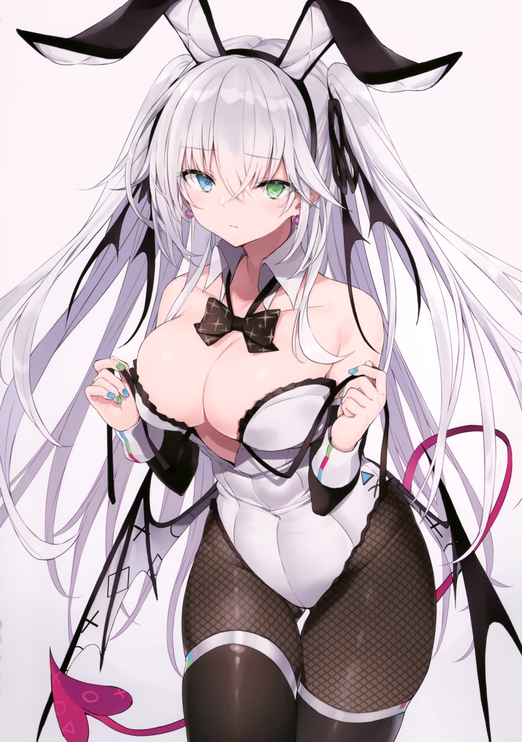 animal_ears, bunny_ears, bunny_girl, devil, fishnets, heterochromia, luna_berry, nana_(luna_berry), no_bra, pantyhose, tail, thighhighs, undressing, wings