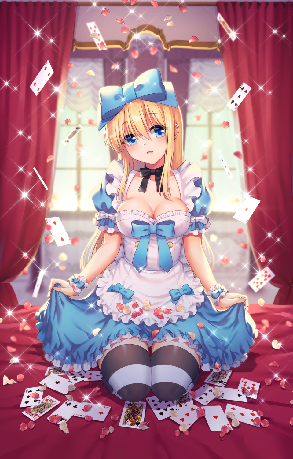 alice, alice_in_wonderland, cleavage, hoshina_meito, skirt_lift, thighhighs