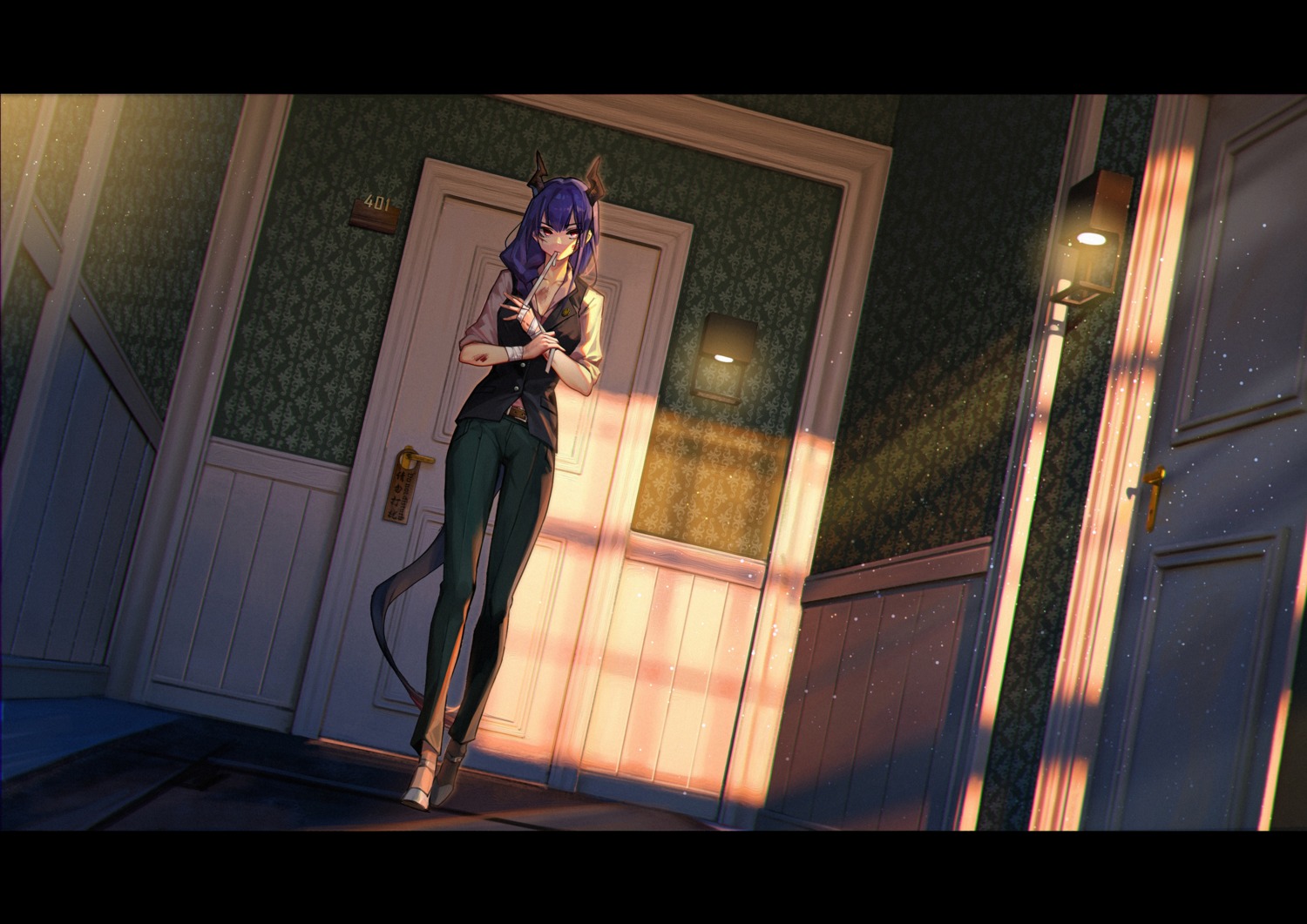 arknights, bandages, blood, ch'en_(arknights), cleavage, douwo_mkd, horns, open_shirt, tail