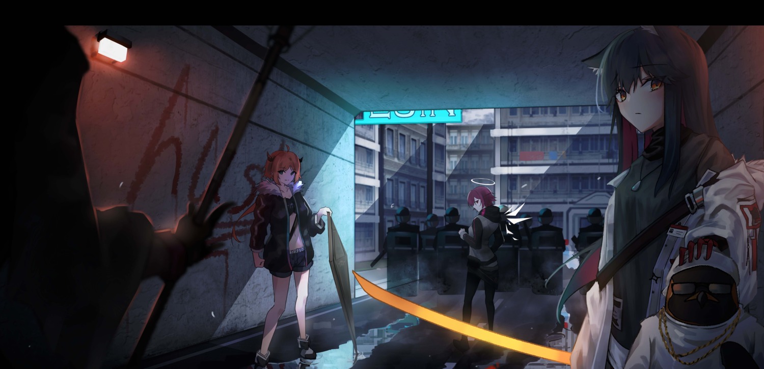 animal_ears, arknights, croissant_(arknights), exusiai_(arknights), horns, pantyhose, sword, sye
