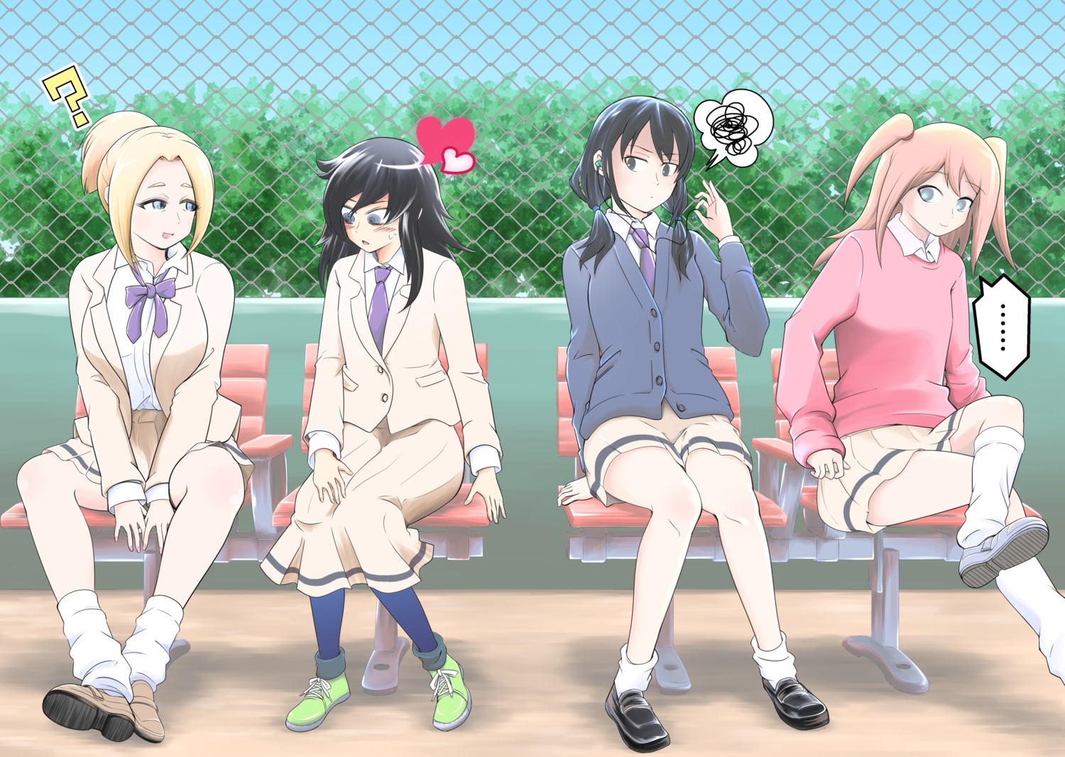 anna_(watamote), kuroki_tomoko, nakano_hitomi, nemoto_hina, seifuku, skirt_lift, sweater, tamura_yuri, watashi_ga_motenai_no_wa_dou_kangaetemo_omaera_ga_warui!, yuri
